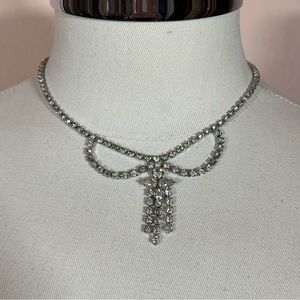 Vintage 40 50 Victorian Crystal Bow Festoon Chocker Necklace Silver